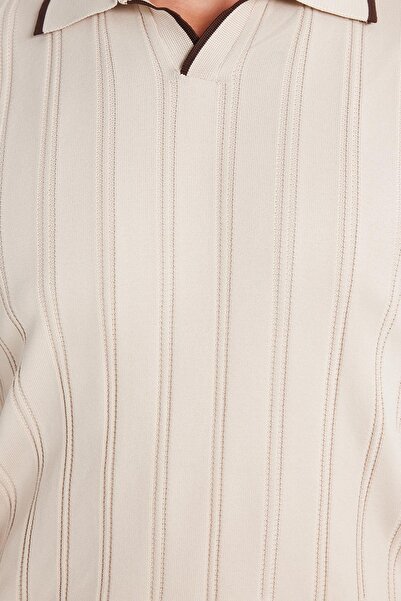 Tudors Erkek Slim Fit Dar Kesim Çizgi Detaylı Taş Polo Yaka Kazak