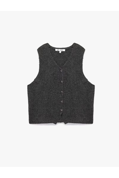 Koton Crop V-Neck Sleeveless Buttoned Basic Knitwear Vest