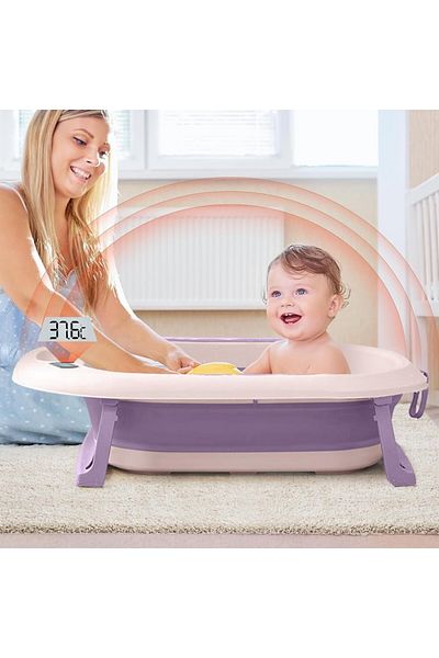 Flippy Cadă de baie, rabatabilă, termometru, pliabilă, pernă de susținere inclusă, violet