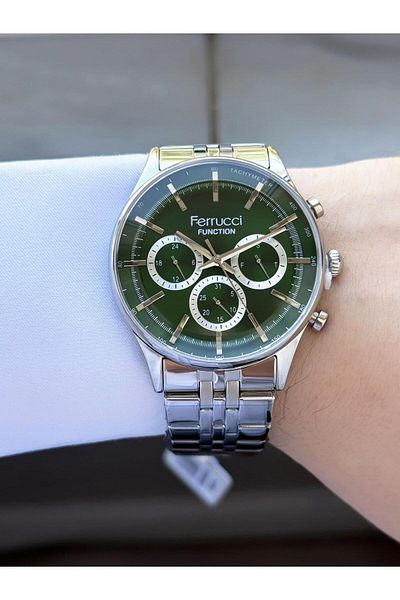 Ferrucci Function Men's Wrist Watch Green Dial Silver Detailed Functional Silver Metal Band