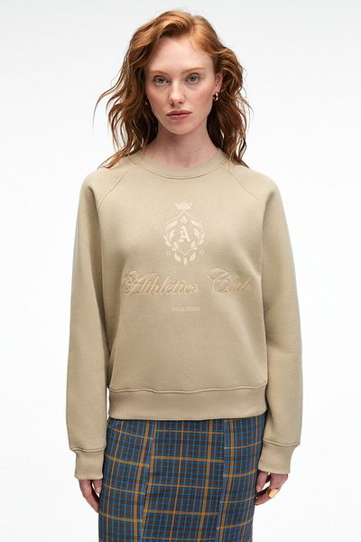 GRIMELANGE Mirellan Women's Printed Round Neck Regular Fit Stone Color Sweatshirt