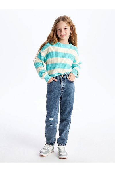 LC Waikiki Lcw Kids Blue Ripped Detailed Girl's Mom Jean Trousers