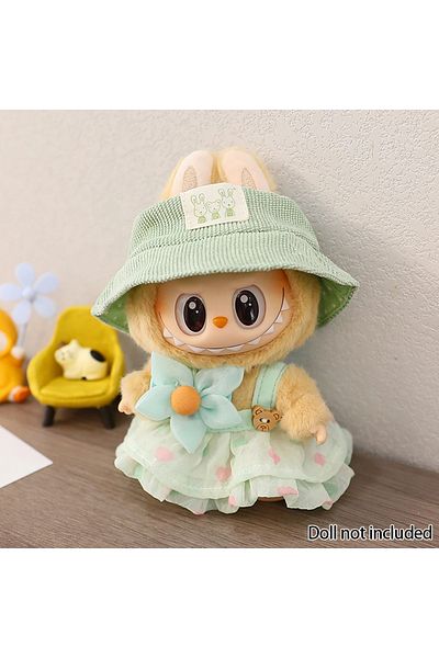 Miniso فستان أخضر مع قبعة لدمية لابوبو مقاس 17 سم، تنورة مجعدة، طقم دبوس شعر على شكل زهرة، صياد