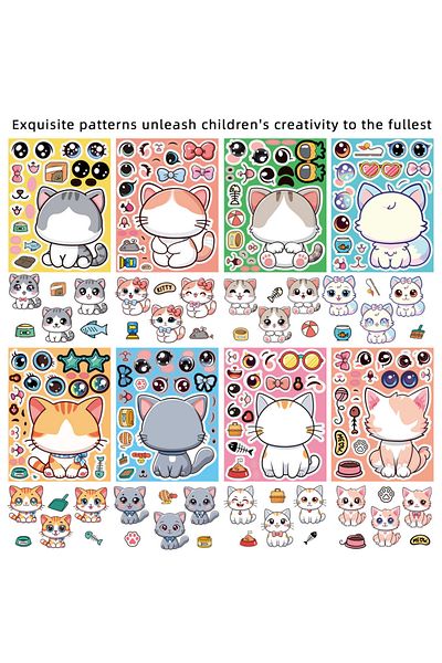 Choice 8 Sheets Pack 8 Sheets/Pack Cat Face Changing Stickers Children's DIY Puzzle Toy Decals Phone Laptop