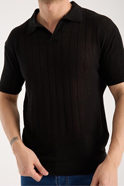 Afri Tricou pentru bărbați, cu gât polo, cu linie verticală, texturat, negru,...