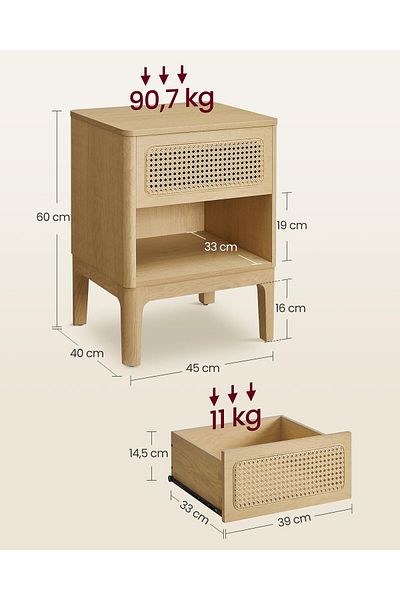 VASAGLE Noptiera 45x40x60 cm, cu sertar aspect ratan si raft, stil boho, PAL si MDF, natur