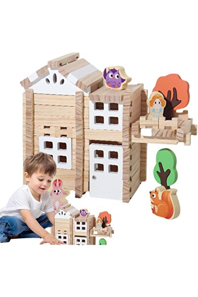 sallma Wooden Building House, Interactive Model with Mortise and Tenon Joints, Montessori, 170 pieces
