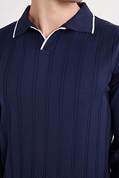 Tudors Erkek Slim Fit Dar Kesim Çizgi Detaylı Lacivert Polo Yaka Kazak