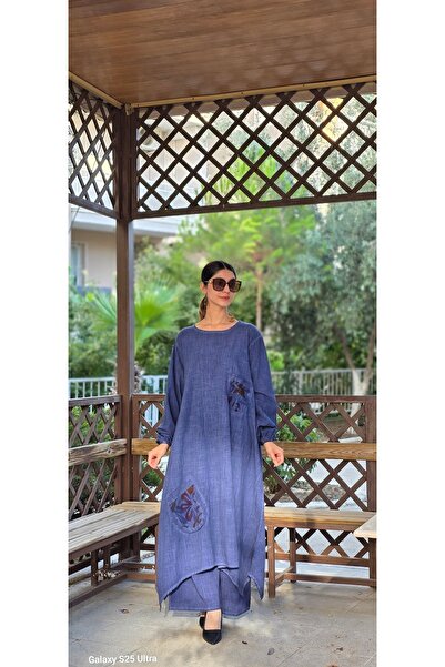 Henna Elisa bahar uzun keten salaş tunik haki yeşil