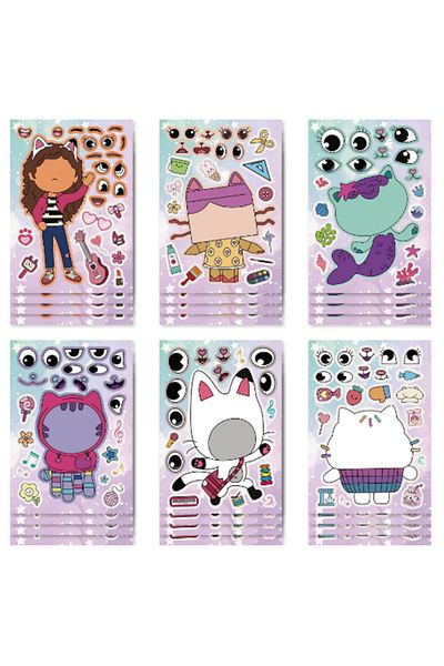 Choice 15x21cm 12 sheets 12pcs / Lot Gabby Dollhouse Cats Make Your Own Face DIY Puzzle Sticker Kid Toys