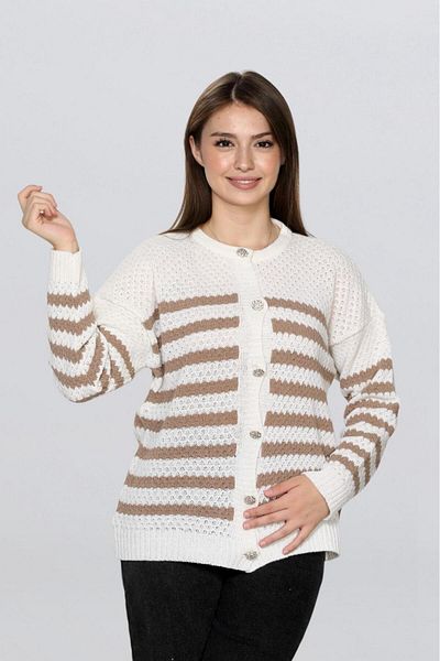 EZGİ KILINÇ Women's Striped Knitted Detailed Stone Buttoned Cardigan Tr1013
