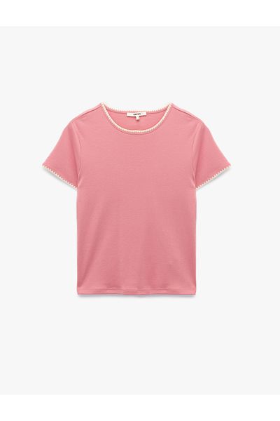 Koton Cotton Slim Fit Short Sleeve Crew Neck T-Shirt with Crochet Detail