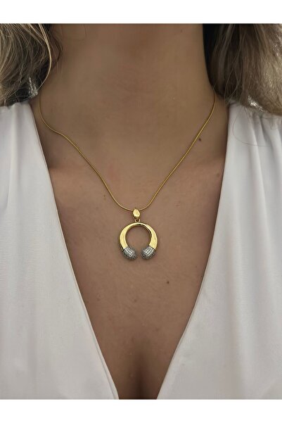 MyladyAccessoriess قلادة من الفولاذ بتفاصيل حجر الزركون مزدوجة اللون