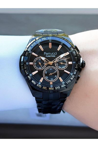 Ferrucci Function Men's Wrist Watch Black Dial World Urban Bezel Black Metal Band