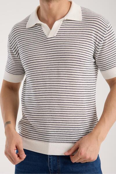 Afri Tricou pentru bărbați, cu guler polo, tricot texturat, alb, cu mânecă sc...