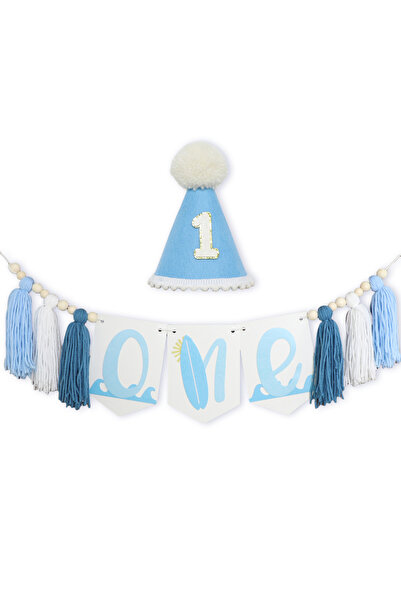 Choice Blue Summer Surf Tri-Color 1st Birthday Banner | Beach Party Decor for...