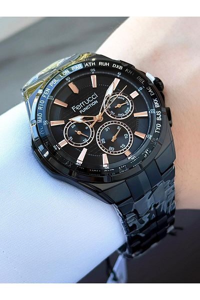 Ferrucci Function Men's Wrist Watch Black Dial World Urban Bezel Black Metal Band