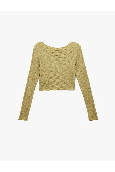 Koton Long Sleeve Textured Boat Neck Slim Fit Crop T-Shirt