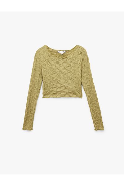 Koton Long Sleeve Textured Boat Neck Slim Fit Crop T-Shirt