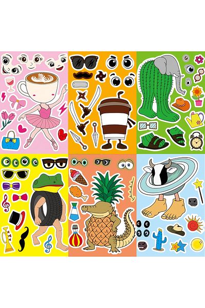 BANDAI 8Sheets 8/16Sheets Abstract Animal Make a Face Puzzle Stickers Tung Tung Sahur Italian Brainrot Anim