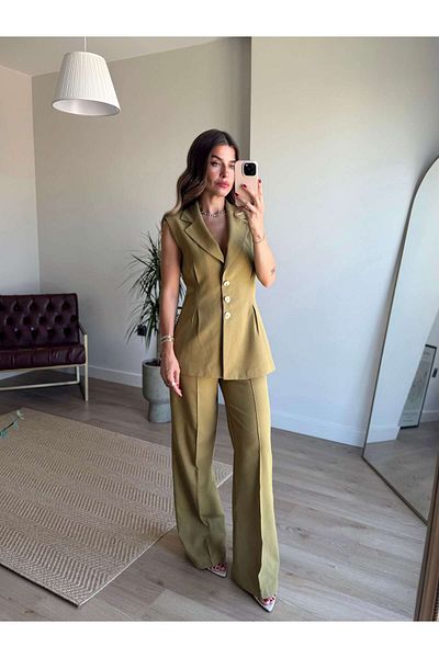 Sue Store Pantaloni plisați cu nasturi, vestă, costum amestecat de in
