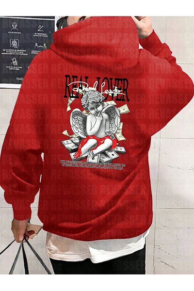 StartMore Red Unisex Oversize Real Lover Printed Loose Cut Hooded Hoodie