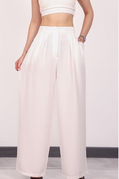 Hazel Women's White Pleated Detailed Palazzo Pants
