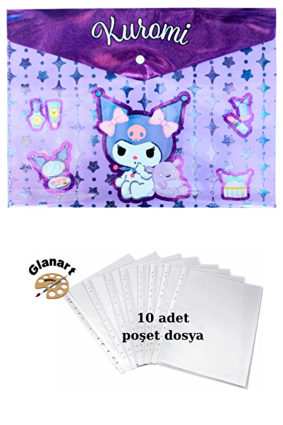 Glanart a4 boy çıt çıt ödev dosyası +10' lu poşet dosya kuromi lila