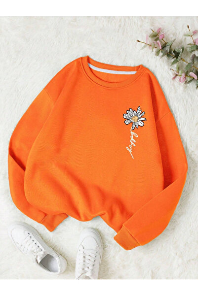 StartMore Orange Women's Happy Daisy Special Colored Oversize Crew Neck Cotton