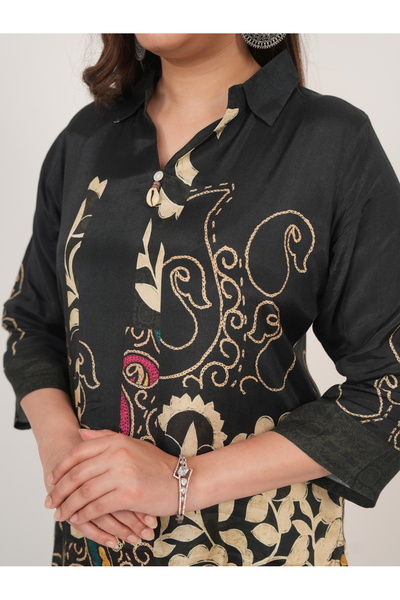 Lehar Black & Beige Printed Co-Ord Set – Traditional Motif Kurta & Pant Ensemble