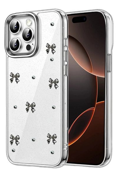 m.tk moveteck حافظة متوافقة مع هاتف iPhone 14 Pro Max، غطاء لامع بتصميم فيونكة شفاف لامع من الإيبوكسي الفضي للكاميرا
