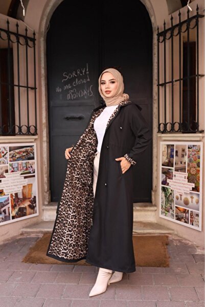 ALNİSS COLLECTİON Büyük Beden İçi Leopar Desenli Tam Boy Uzun Trençkot
