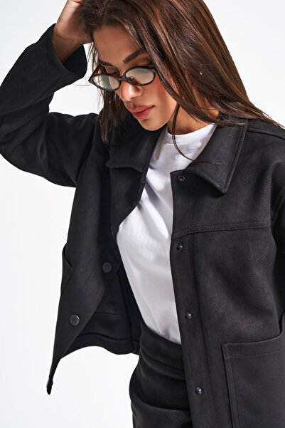 its basic Women's Black Color W5-1 Suede Soft Fabric Front Button Jacket