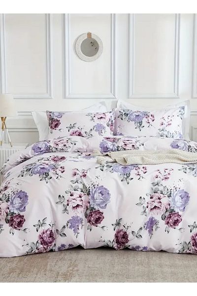 LUNA HOME Queen size 6 piece bedding set, white bed linen with purple floral pattern 200x230cm.