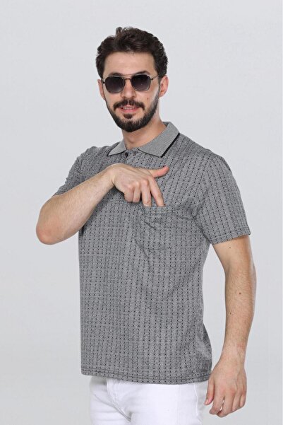 HEDEFNUR TEKSTİL Ανδρικό μπλουζάκι Navy Blue Dad με γιακά, τσέπες, σχέδιο με μοτίβο ζακάρ, κλασική εφαρμογή