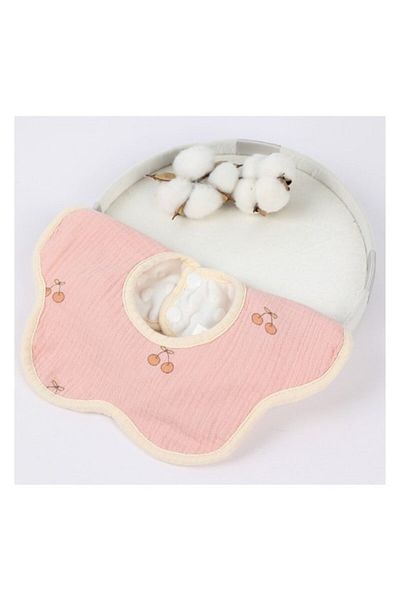 CLICK Baveta din Bumbac pentru Copii, 0-12 Luni, Rezistenta la Apa, cu Capse, Design 3D, Model Cirese, Roz