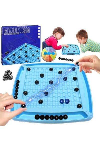 FOXMAG24 Joc de șah magnetic pentru copii, tablă 4 în 1, 30 de magneți, până la 4 jucători, albastru/negru, ajutor pentru concentrare