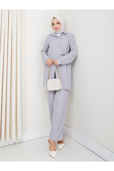 Hb Harma Time Butik Women's Belted Buttoned Strawberry Fabric Gray Double Suit