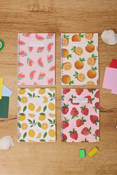 Papssi 4'lü Meyveler Spiralli Düz Çizgisiz A5 100 Sayfa Okul Not Defteri