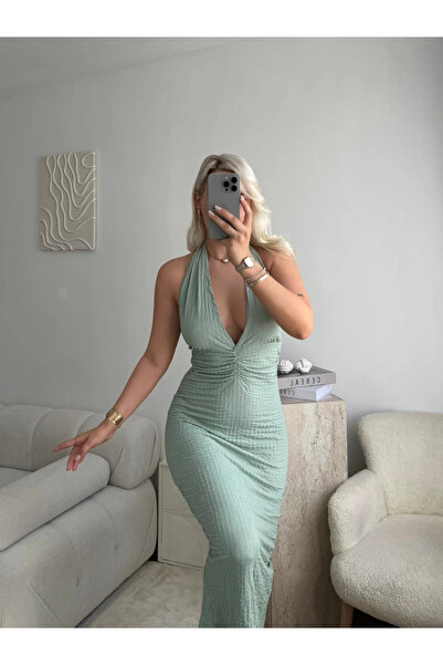 Zora Butik Bubble Kumaş Drapeli Elbise - Mint Yeşil