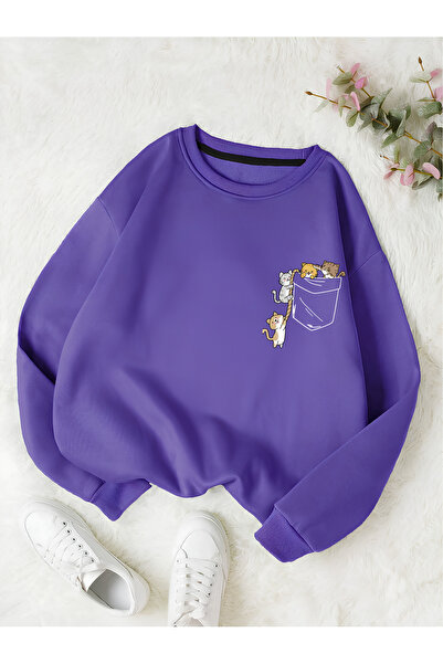 StartMore Purple Women's Colorful Cat Special Chest Printed Oversize Crew Neck