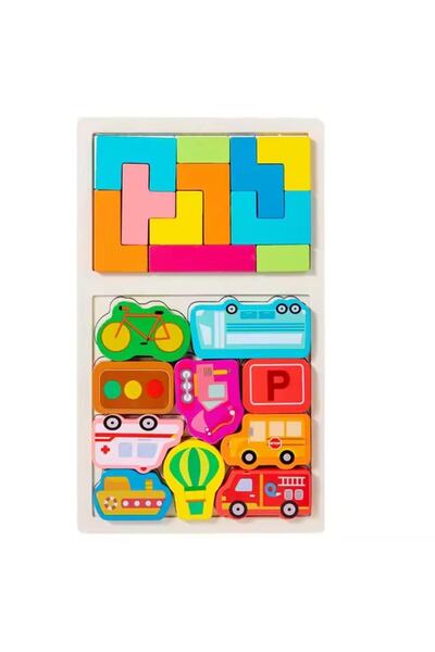 CLICK Puzzle Montessori din Lemn pentru Copii, Tetris 2in1, +3 Ani, cu Masini Colorate 3D, Educativ,
