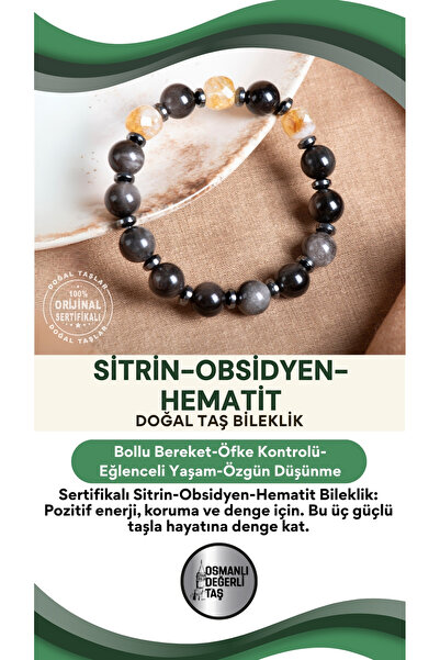 OSMANLI DEĞERLİ TAŞ Certified Citrine-Obsidian-Hematite Natural Stone Bracelet