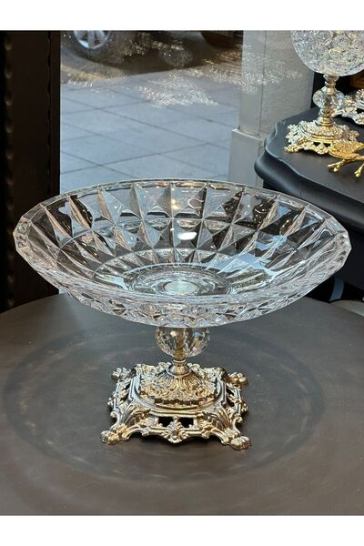 Diamond Porselen Gümüş Tabanlı Geniş Kristal Sunum Tabağı – El Yapımı Nişan Ç...
