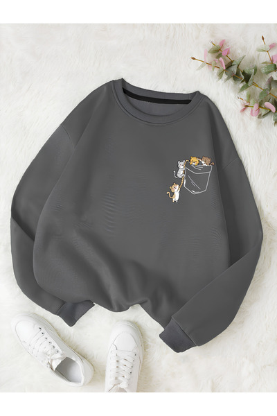 StartMore Gray Women's Colorful Cat Special Chest Printed Oversize Crew Neck