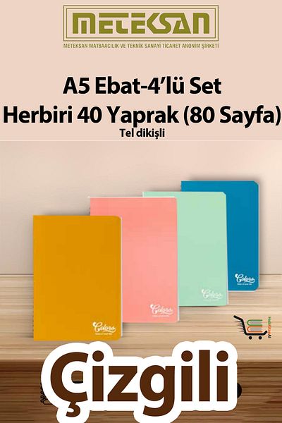 Meteksan 40 Sheets (80 Pages) School Notebook - Notepad Set of 4 A5 Size Wire Stitched Cardboard Cover