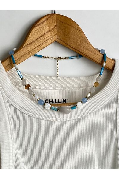 Chillin' Real Natural Stone Design Steel Necklace Pink Quartz/ Amber/ / Aquamarine