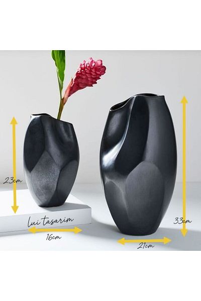 Lui Tasarım Vase Ceramic Black Modern XL Size 32 cm European Japandi Nordic Style
