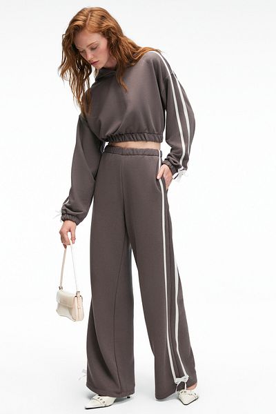GRIMELANGE Roselle Women's Hooded Side Stripe Ribbon Detail Crop Anthracite Sweatshirt