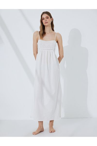 Koton Sleeveless Cotton Embroidered Scalloped Square Neck Strap Long Nightdress